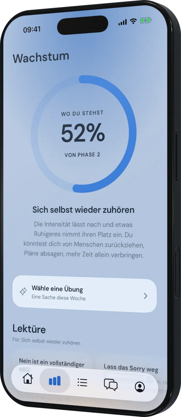Wachstumsbildschirm mit Genesungsfortschritt bei 52%, Übungen und Lese-Empfehlungen