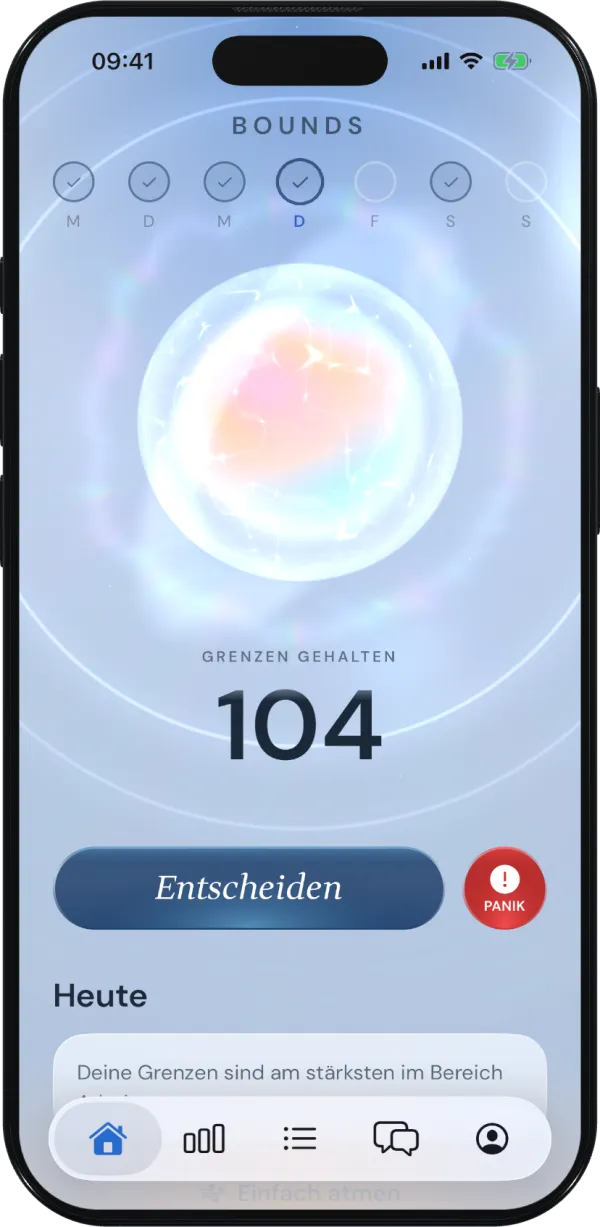 Bounds Startbildschirm mit dem Aura-Orb und Grenz-Zähler