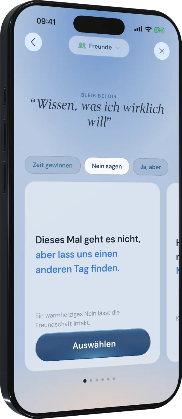Bounds zeigt personalisierte Sätze zum Nein-Sagen bei Freunden, mit Optionen zum Zeitgewinnen, Absagen oder Bedingungenstellen