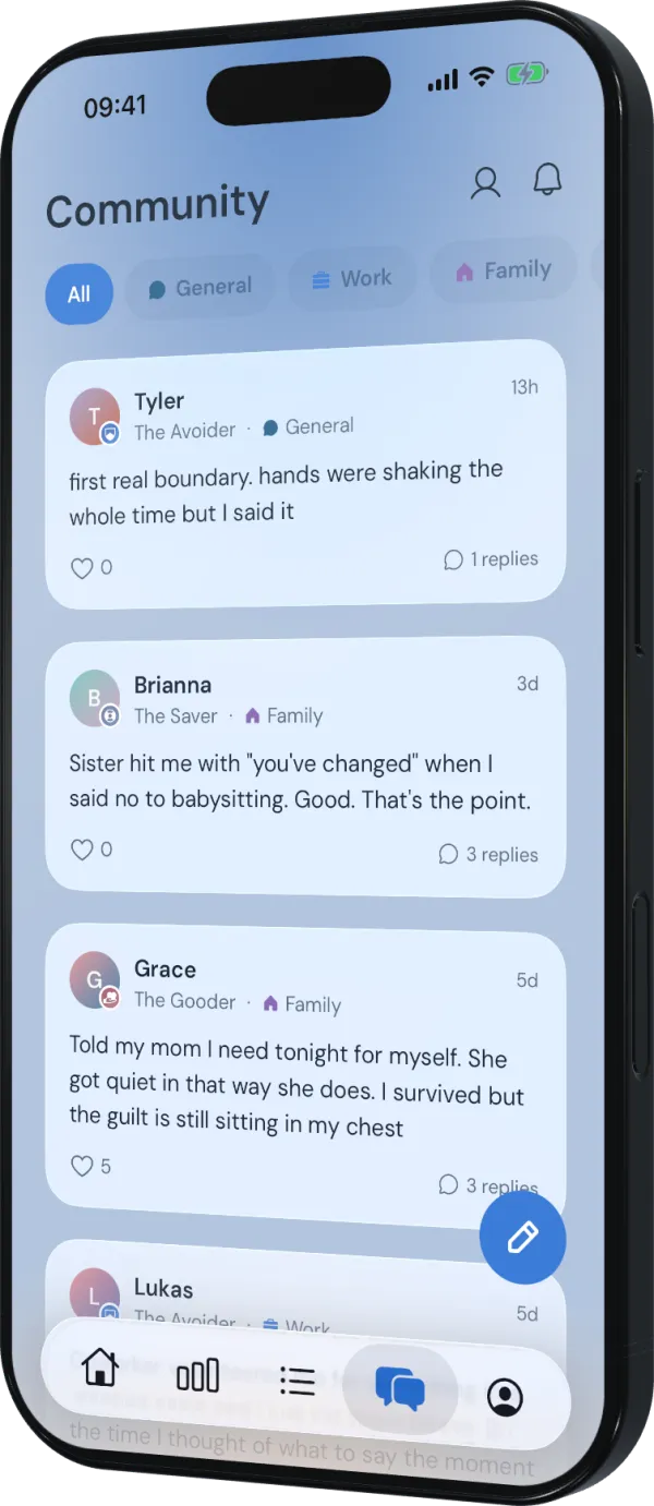 Community feed where people share real boundary-setting moments with family, friends, and at work