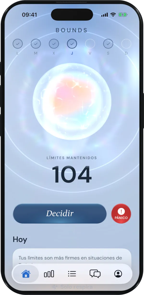 Pantalla principal de Bounds con el orbe aura y el contador de límites