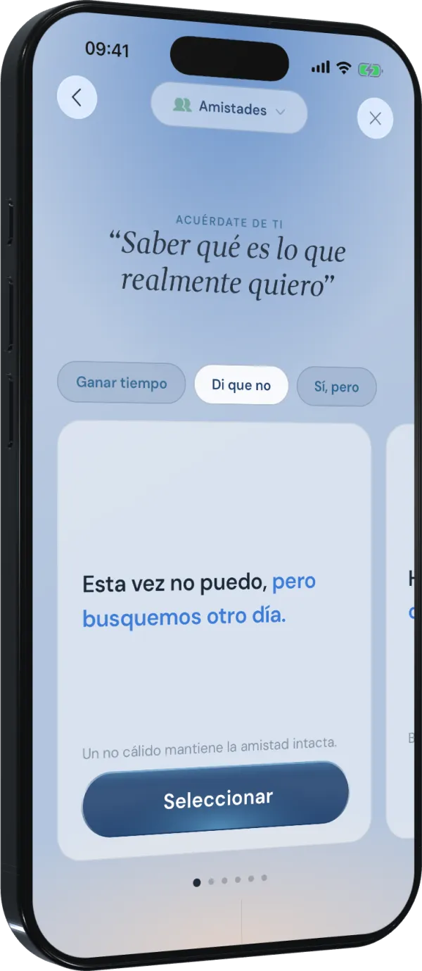 Bounds mostrando frases personalizadas para decir no a amigos, con opciones para ganar tiempo, decir no o poner condiciones