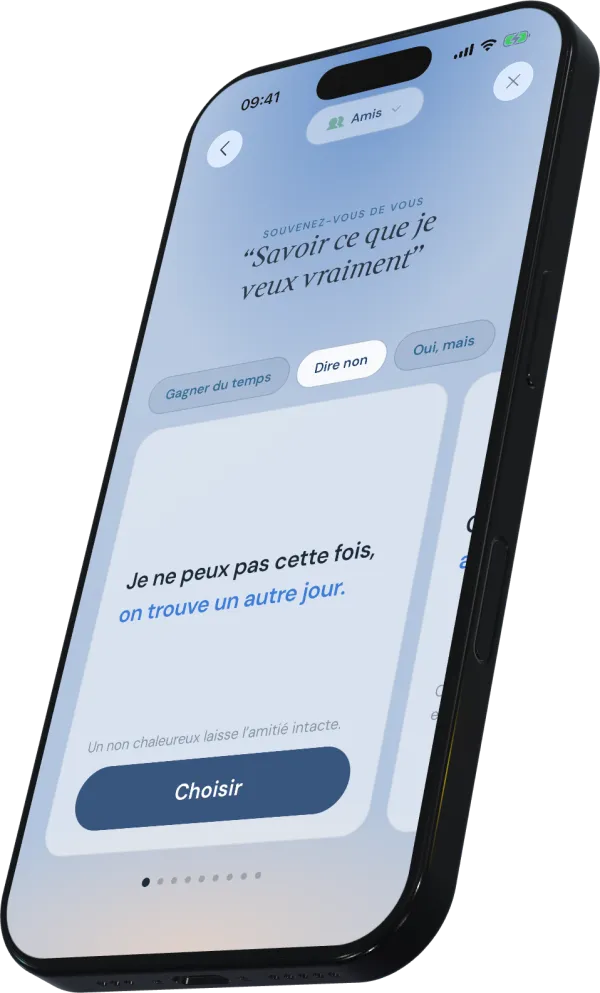 Bounds affichant des phrases personnalisées pour dire non à un ami, avec les options gagner du temps, refuser ou poser une condition