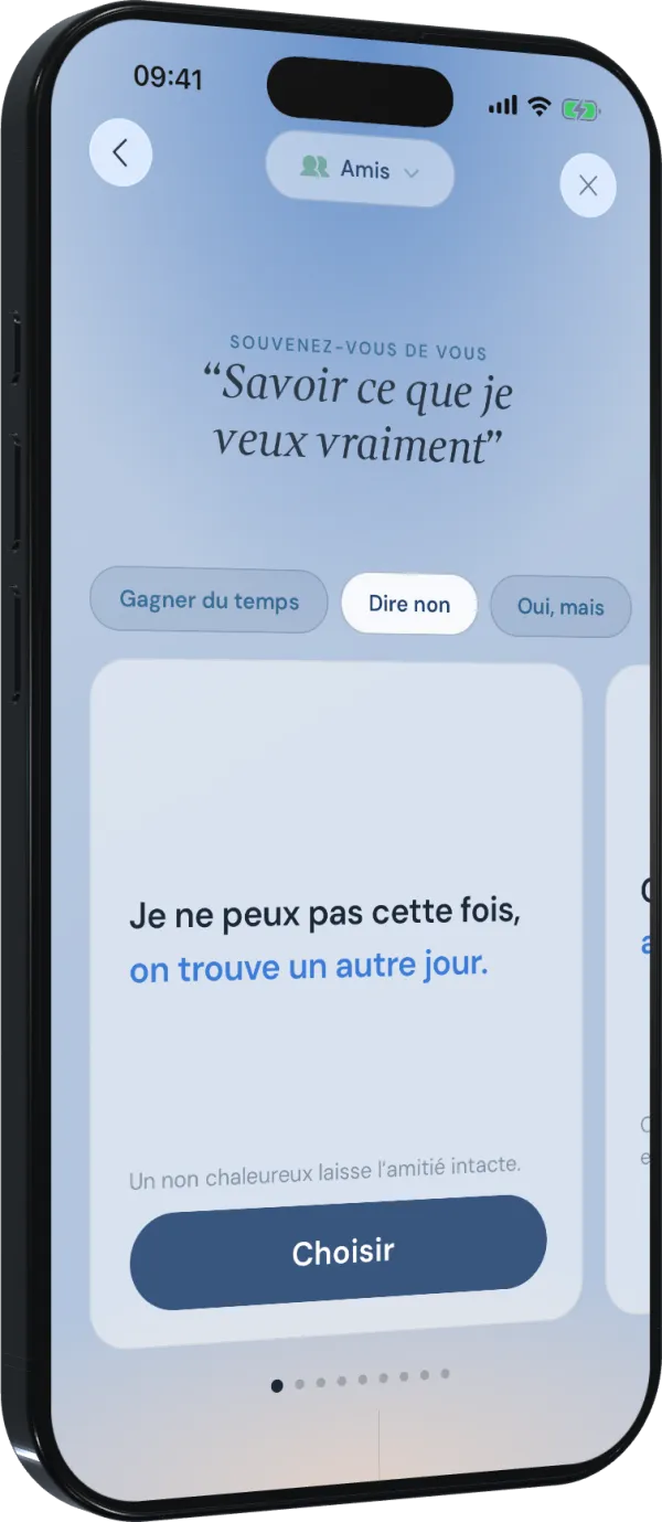 Bounds affichant des phrases personnalisées pour dire non à un ami, avec les options gagner du temps, refuser ou poser une condition