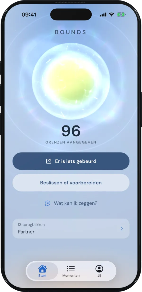 Het startscherm van Bounds met de aura-orb en de grenzenteller