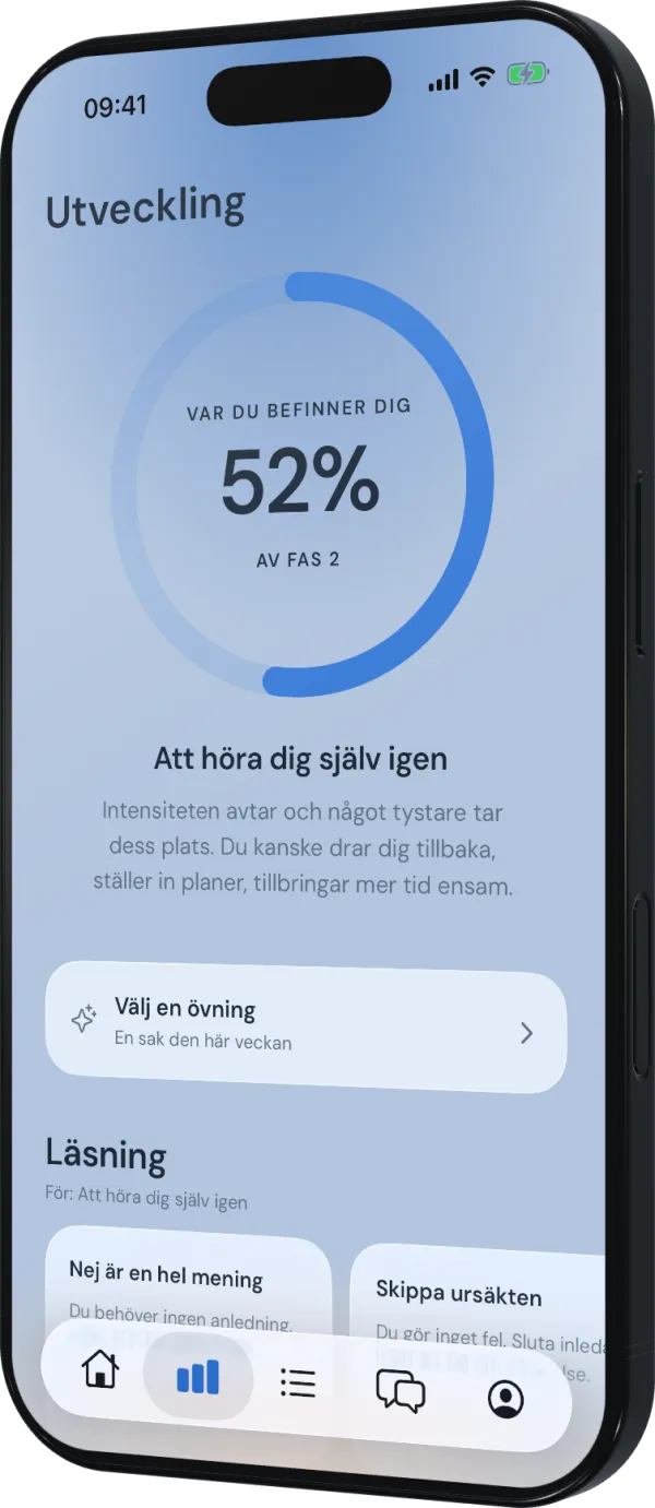 Utvecklingsskärmen som visar återhämtningsfas på 52%, med övningar och läsning