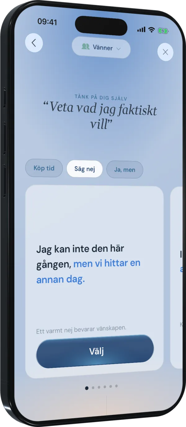 Bounds visar personliga fraser för att säga nej till vänner, med val att vinna tid, säga nej eller sätta villkor